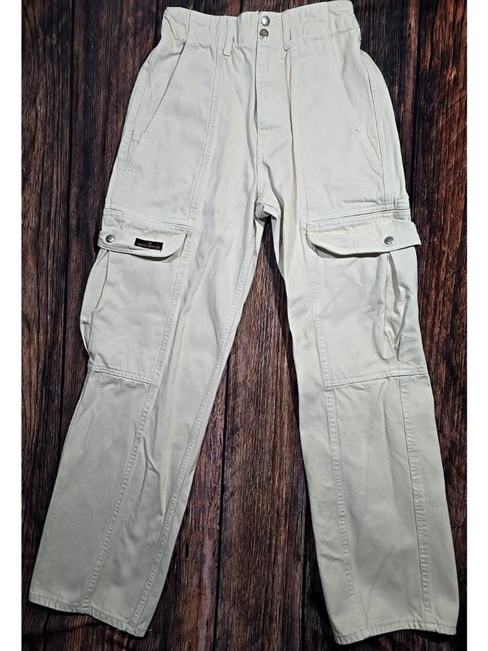 BDG Cream Denim Cargo Pants Pockets Elastic Waist Outdoor Hike Camping Women 27